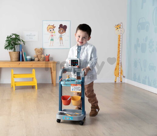 Lekársky vozík elektronický Electronic Medical Trolley Smoby so zvukom a svetlom stetoskop s mechanickým teplomerom 12 doplnkov