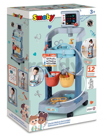 Lekársky vozík elektronický Electronic Medical Trolley Smoby so zvukom a svetlom stetoskop s mechanickým teplomerom 12 doplnkov