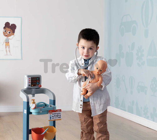 Lekársky vozík elektronický Electronic Medical Trolley Smoby so zvukom a svetlom stetoskop s mechanickým teplomerom 12 doplnkov