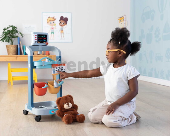 Lekársky vozík elektronický Electronic Medical Trolley Smoby so zvukom a svetlom stetoskop s mechanickým teplomerom 12 doplnkov