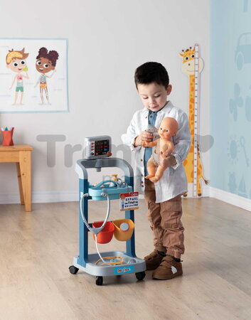 Lekársky vozík elektronický Electronic Medical Trolley Smoby so zvukom a svetlom stetoskop s mechanickým teplomerom 12 doplnkov