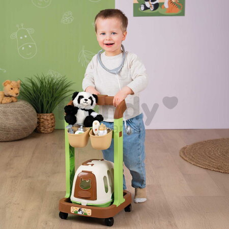 Veterinársky vozík s plyšovou pandou Veterinary Trolley Smoby s prenosným boxom a stetoskopom s teplomerom 8 doplnkov