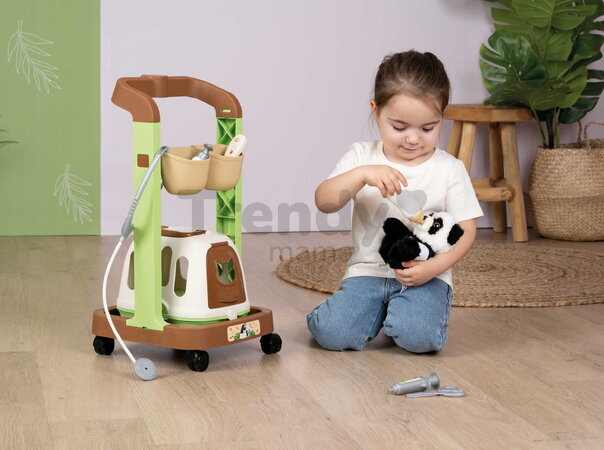 Veterinársky vozík s plyšovou pandou Veterinary Trolley Smoby s prenosným boxom a stetoskopom s teplomerom 8 doplnkov