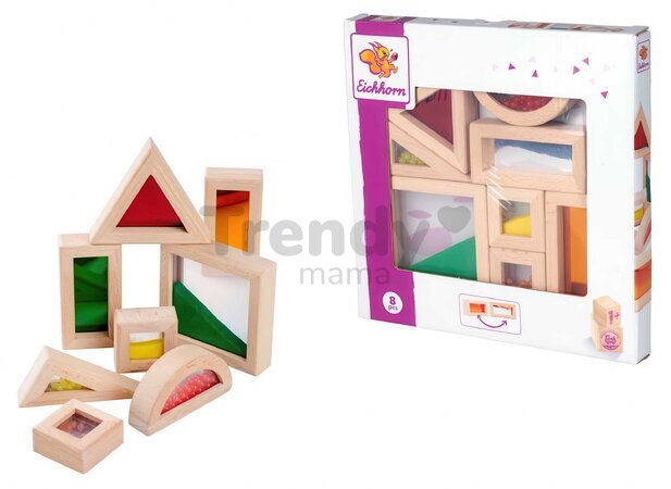 Drevené kocky s okienkami Wooden Blocks with Windows Eichhorn s pieskom korálikmi a zrkadlom 8 dielov od 12 mes EH3456