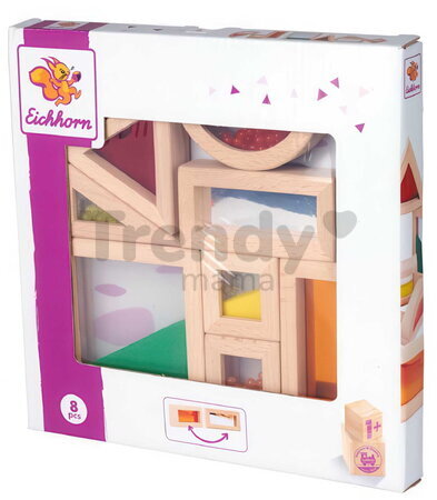 Drevené kocky s okienkami Wooden Blocks with Windows Eichhorn s pieskom korálikmi a zrkadlom 8 dielov od 12 mes EH3456