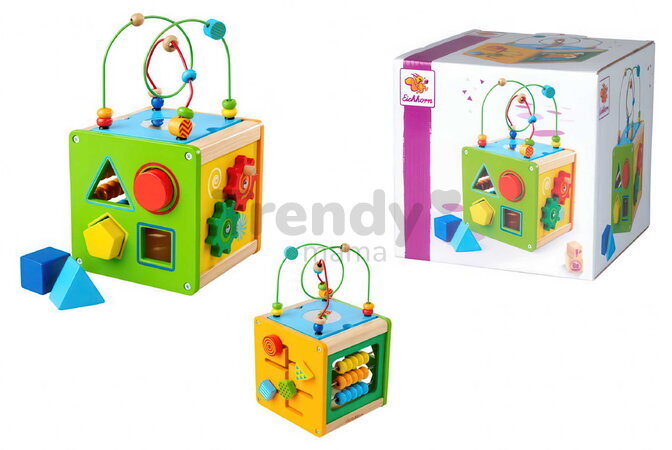 Drevená didaktická kocka Play and Learning Cube Eichhorn s vkladacími kockami a labyrint s korálikmi od 12 mes EH3457