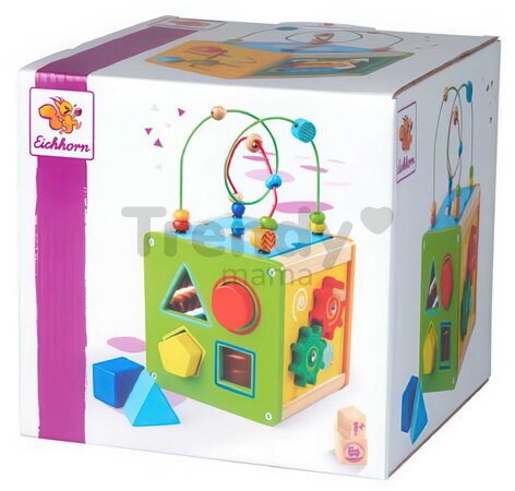 Drevená didaktická kocka Play and Learning Cube Eichhorn s vkladacími kockami a labyrint s korálikmi od 12 mes EH3457