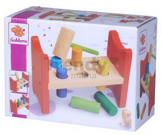 Drevená zatĺkačka Knocking Bench Eichhorn s kladivkom a 6 farebnými valcami od 12 mes EH3463