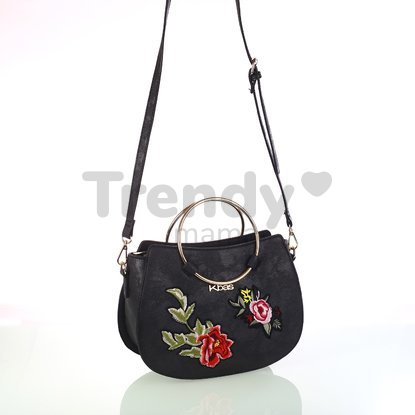 Dámska koženková taška cez rameno s kvetinovými nášivkami Kbas čierna 346809N