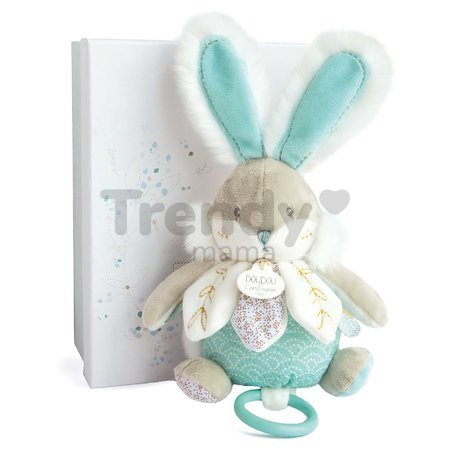 Plyšový zajačik s melódiou Bunny Almond Lapin de Sucre Music Box Doudou et Compagnie v darčekovom balení tyrkysový 20 cm od 0 mes