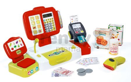 Pokladňa Mini Shop Smoby elektronická s váhou, terminálom, čítačkou kódov a 27 doplnkami červená
