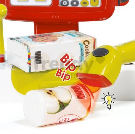 Pokladňa Mini Shop Smoby elektronická s váhou, terminálom, čítačkou kódov a 27 doplnkami červená