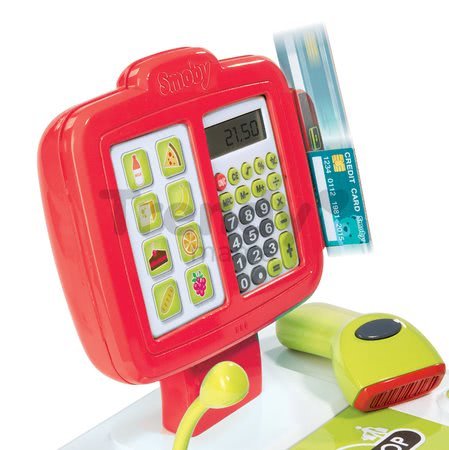 Pokladňa Mini Shop Smoby elektronická s váhou, terminálom, čítačkou kódov a 27 doplnkami červená
