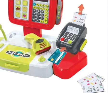 Pokladňa Mini Shop Smoby elektronická s váhou, terminálom, čítačkou kódov a 27 doplnkami červená