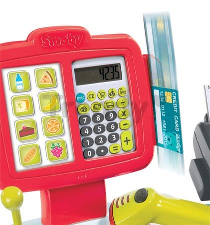 Pokladňa Mini Shop Smoby elektronická s váhou, terminálom, čítačkou kódov a 27 doplnkami červená