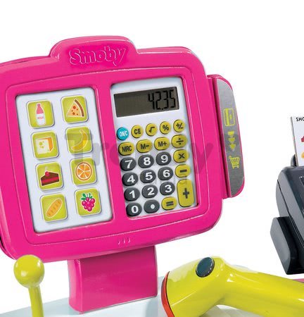 Pokladňa Mini Shop Smoby elektronická s váhou, terminálom, čítačkou kódov a 27 doplnkami ružová