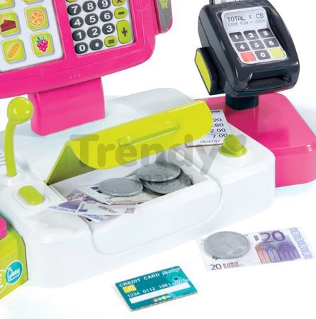 Pokladňa Mini Shop Smoby elektronická s váhou, terminálom, čítačkou kódov a 27 doplnkami ružová