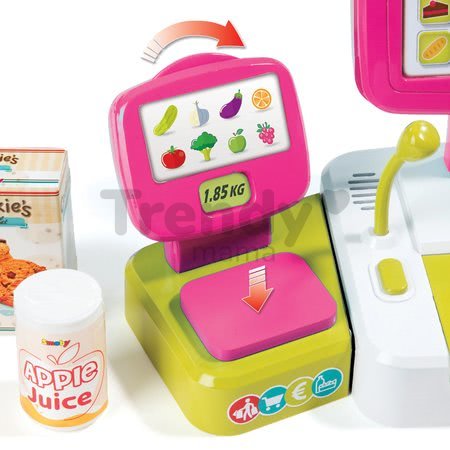 Pokladňa Mini Shop Smoby elektronická s váhou, terminálom, čítačkou kódov a 27 doplnkami ružová