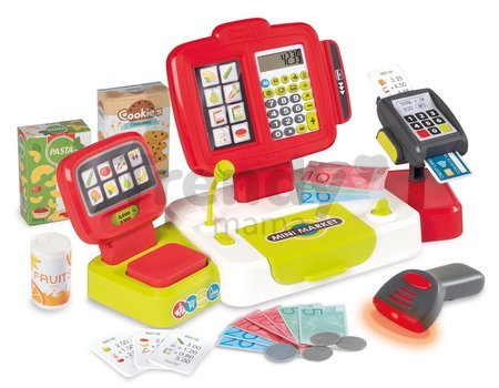 Pokladňa elektronická s kalkulačkou Large cash Register Smoby červená s váhou terminálom a čítačkou kódov s 30 doplnkami
