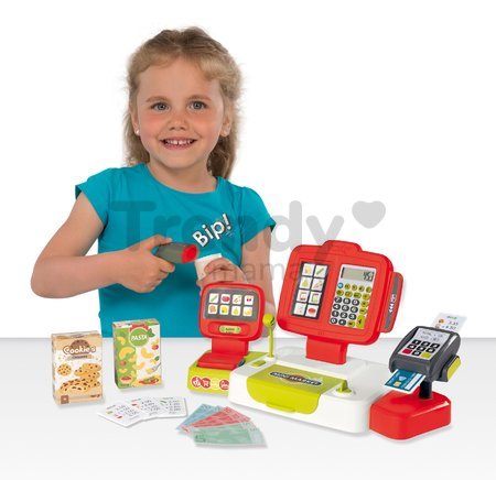 Pokladňa elektronická s kalkulačkou Large cash Register Smoby červená s váhou terminálom a čítačkou kódov s 30 doplnkami