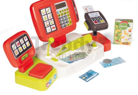 Pokladňa elektronická s kalkulačkou Large cash Register Smoby červená s váhou terminálom a čítačkou kódov s 30 doplnkami