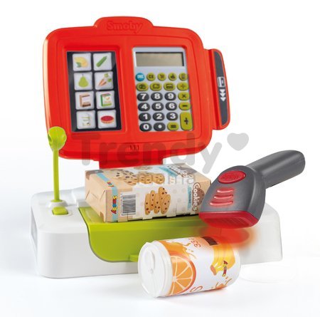 Pokladňa elektronická s kalkulačkou Large cash Register Smoby červená s váhou terminálom a čítačkou kódov s 30 doplnkami