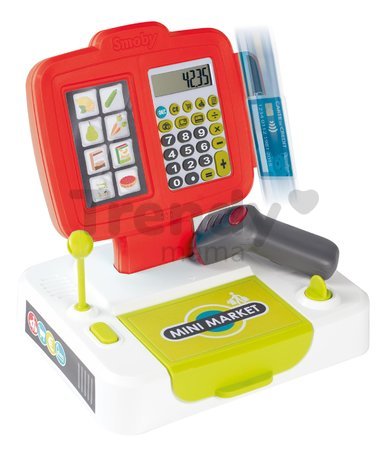 Pokladňa elektronická s kalkulačkou Large cash Register Smoby červená s váhou terminálom a čítačkou kódov s 30 doplnkami
