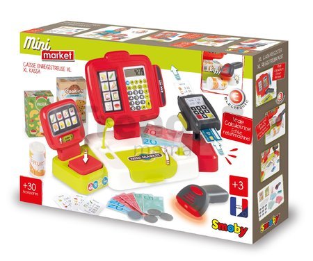 Pokladňa elektronická s kalkulačkou Large cash Register Smoby červená s váhou terminálom a čítačkou kódov s 30 doplnkami