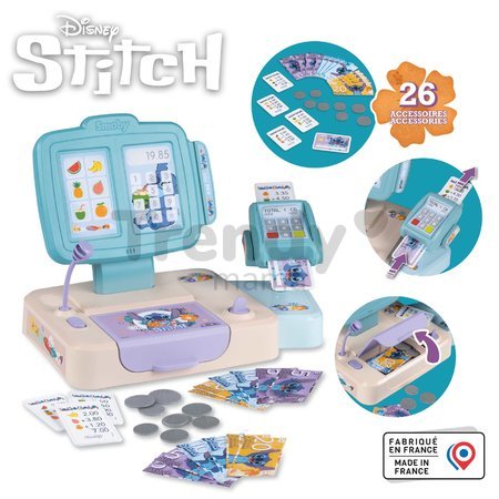 Registračná pokladňa Stitch Cash Register Smoby s otvárateľnou pokladňou a platobným terminálom 26 doplnkov