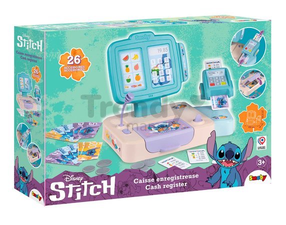 Registračná pokladňa Stitch Cash Register Smoby s otvárateľnou pokladňou a platobným terminálom 26 doplnkov