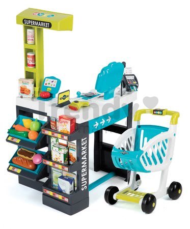 Obchod Supermarket Smoby elektronický s váhou, pokladňou, potravinami a 41 doplnkami tyrkysový