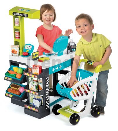 Obchod Supermarket Smoby elektronický s váhou, pokladňou, potravinami a 41 doplnkami tyrkysový