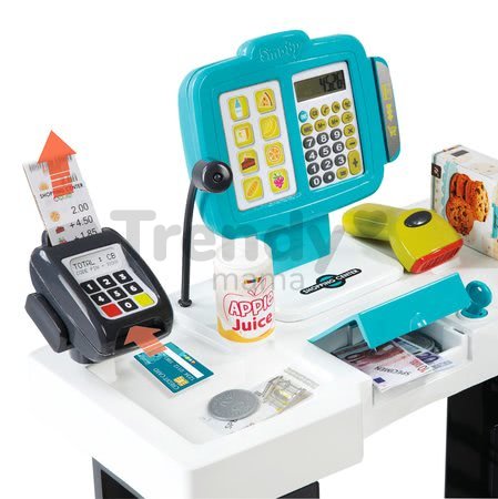 Obchod Supermarket Smoby elektronický s váhou, pokladňou, potravinami a 41 doplnkami tyrkysový