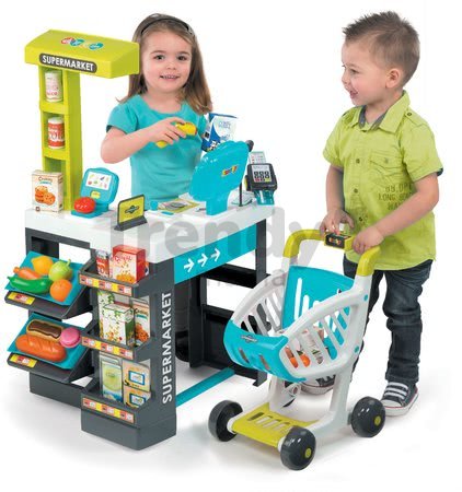 Obchod Supermarket Smoby elektronický s váhou, pokladňou, potravinami a 41 doplnkami tyrkysový