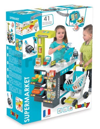 Obchod Supermarket Smoby elektronický s váhou, pokladňou, potravinami a 41 doplnkami tyrkysový