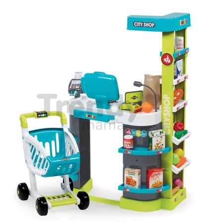Obchod City Shop Smoby elektronický s pokladňou, potravinami a 41 doplnkami tyrkysový