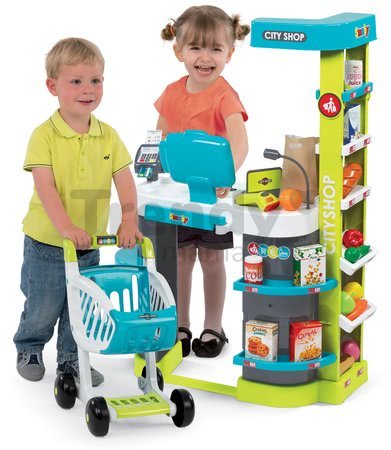 Obchod City Shop Smoby elektronický s pokladňou, potravinami a 41 doplnkami tyrkysový