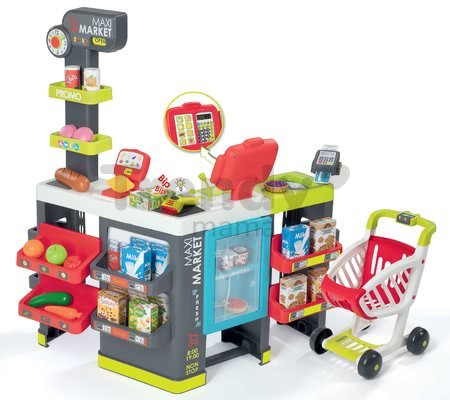 Obchod zmiešaný tovar Maxi Market Smoby s chladničkou elektronickou pokladňou a skenerom s 50 doplnkami