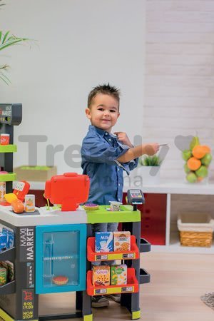 Obchod zmiešaný tovar Maxi Market Smoby s chladničkou elektronickou pokladňou a skenerom s 50 doplnkami