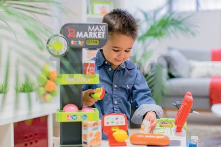 Obchod zmiešaný tovar Maxi Market Smoby s chladničkou elektronickou pokladňou a skenerom s 50 doplnkami