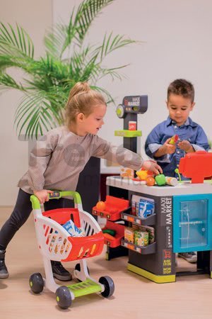 Obchod zmiešaný tovar Maxi Market Smoby s chladničkou elektronickou pokladňou a skenerom s 50 doplnkami