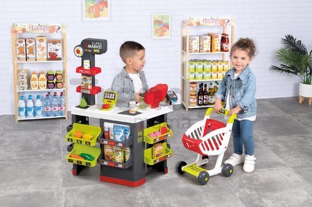 Obchod s vozíkom a potravinami Supermarket Smoby s elektronickou pokladňou a skenerom váhou a 42 doplnkov