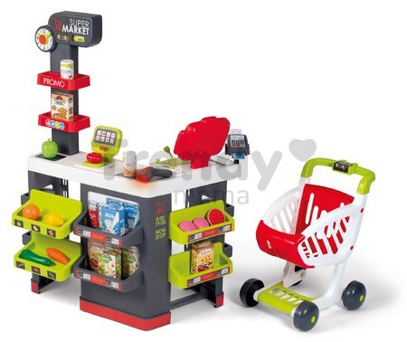Obchod s vozíkom a potravinami Supermarket Smoby s elektronickou pokladňou a skenerom váhou a 42 doplnkov