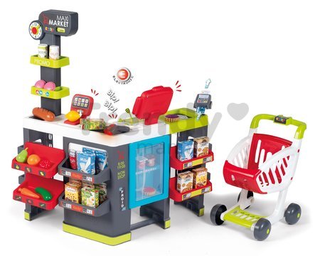 Obchod so zmiešaným tovarom Maxi Market Smoby s elektronickou pokladňou a skenerom chladničkou s 50 doplnkami