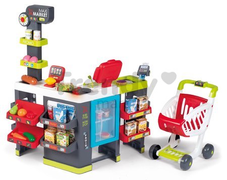 Obchod so zmiešaným tovarom Maxi Market Smoby s elektronickou pokladňou a skenerom chladničkou s 50 doplnkami
