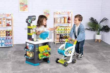 Obchod s potravinami Market Smoby s vozíkom a elektronická pokladňa s funkčným skenerom so zvukom svetlom a 34 doplnkov