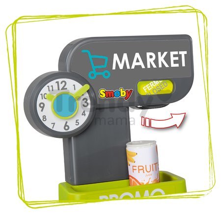 Obchod s potravinami Market Smoby s vozíkom a elektronická pokladňa s funkčným skenerom so zvukom svetlom a 34 doplnkov