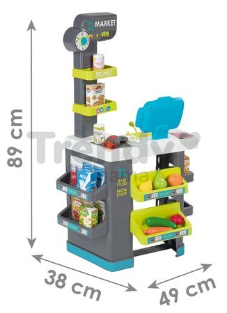 Obchod s potravinami Market Smoby s vozíkom a elektronická pokladňa s funkčným skenerom so zvukom svetlom a 34 doplnkov