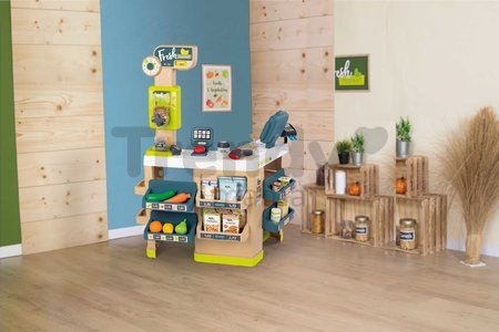 Obchod Bio Ovocie-Zelenina Organic Fresh Market Smoby s dávkovačom cereálií a elektronický skener so 43 doplnkami