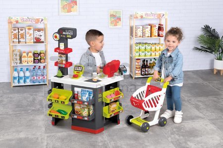 Obchod elektronický s vozíkom Supermarket Smoby váha s funkčnou pokladňou a skenerom 42 doplnkov